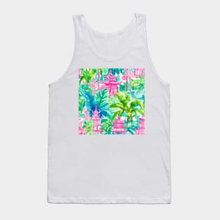 Preppy pink and green pagoda garden watercolor Tank Top